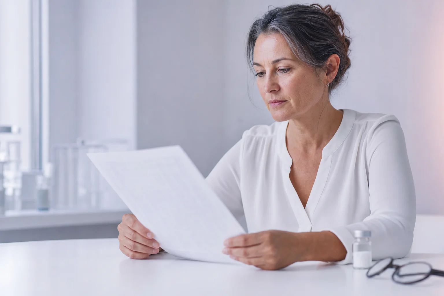 A woman in her fifties at a near-white desk reading a printed clinical trial page, a small glass vial and her reading glasses resting beside her in soft cool lavender light