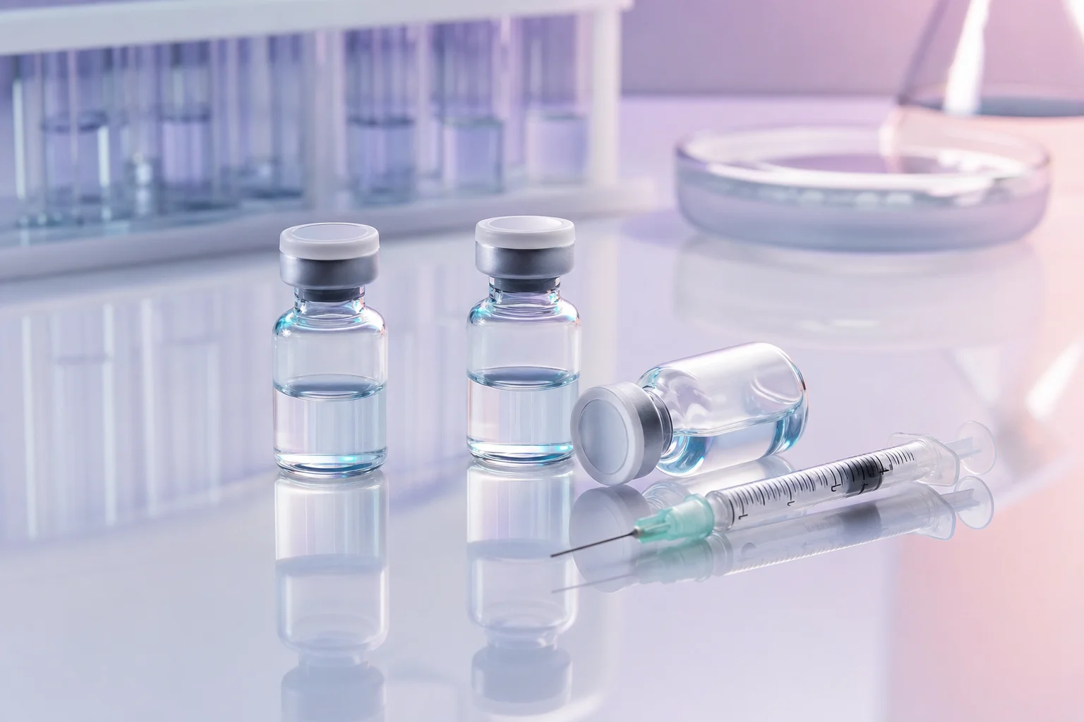 BPC-157 research notes hero image — glass peptide vials on a clean lab benchtop with lavender ambient light