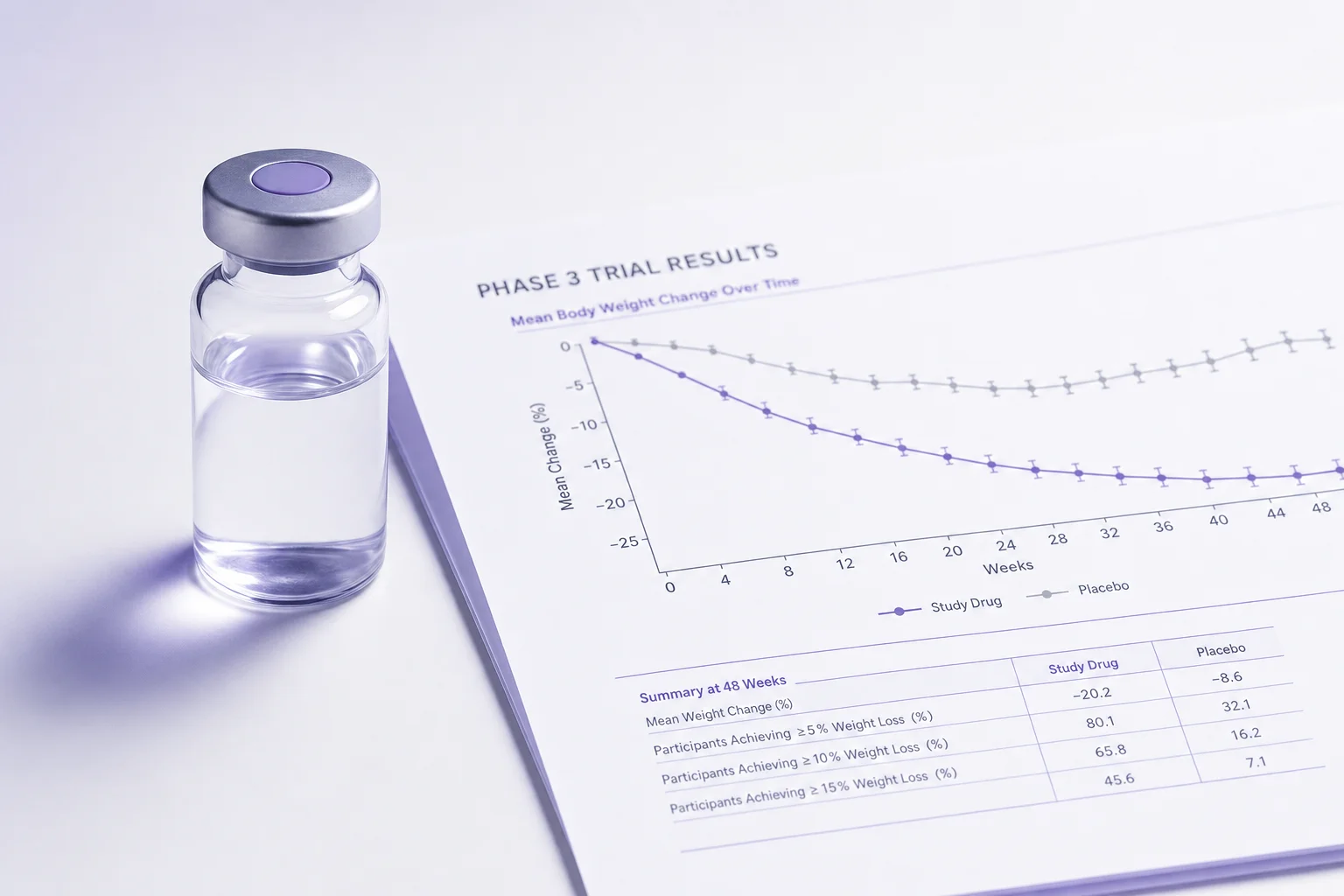 A glass vial beside a printed clinical data chart on a near-white surface with cool lavender light