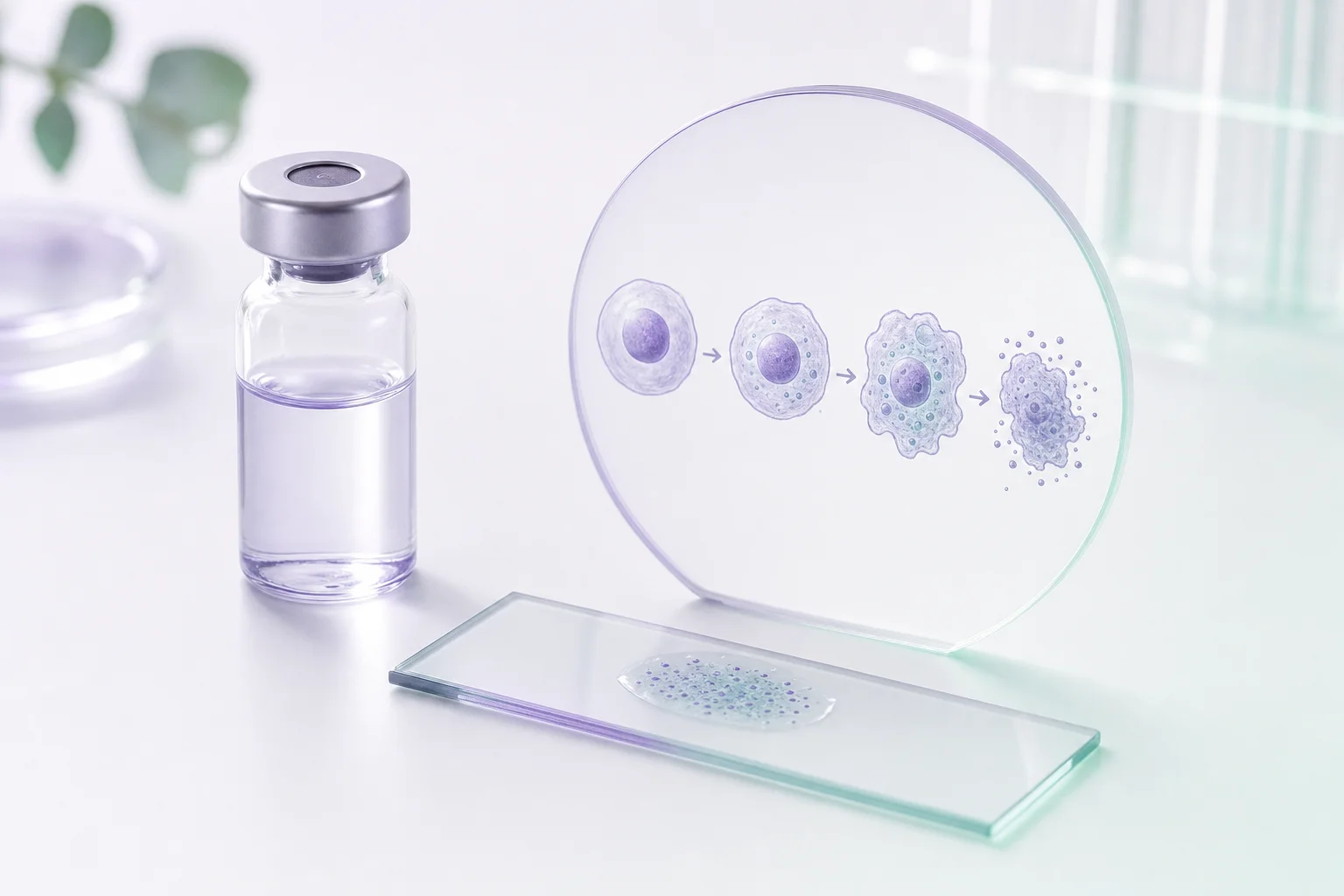 A small glass vial beside a microscopy slide and aging cell diagram on a near-white surface with cool lavender and mint light