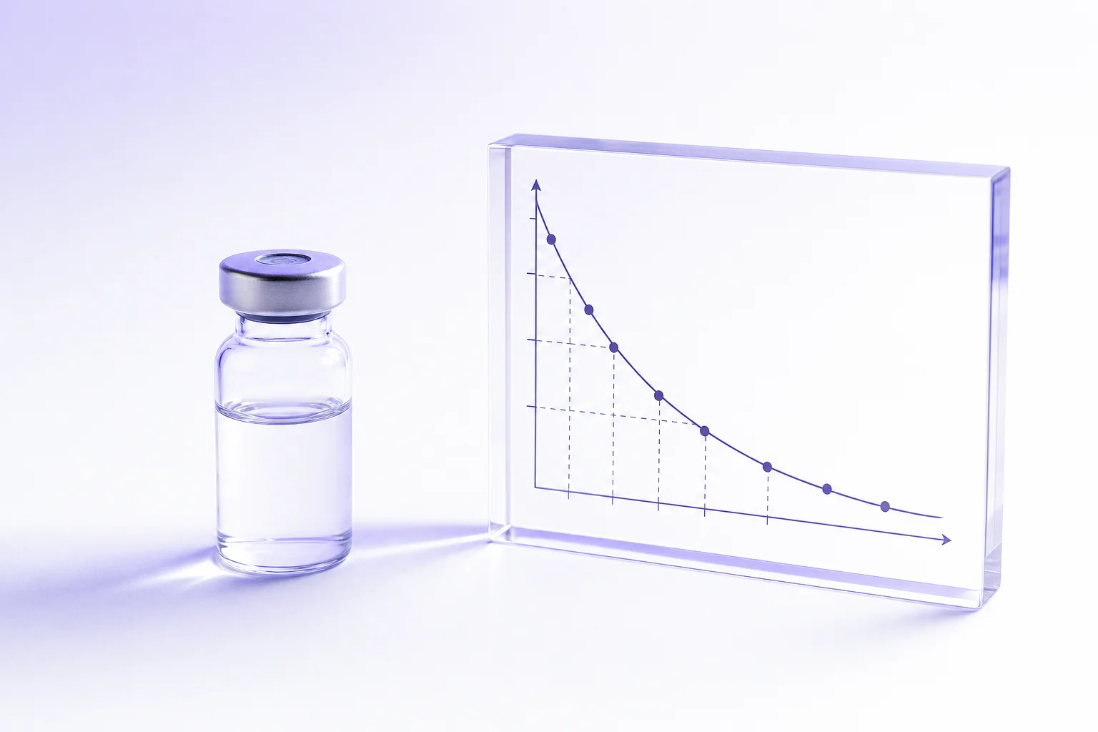 A glass vial beside a half-life curve graph on a near-white surface with cool lavender light