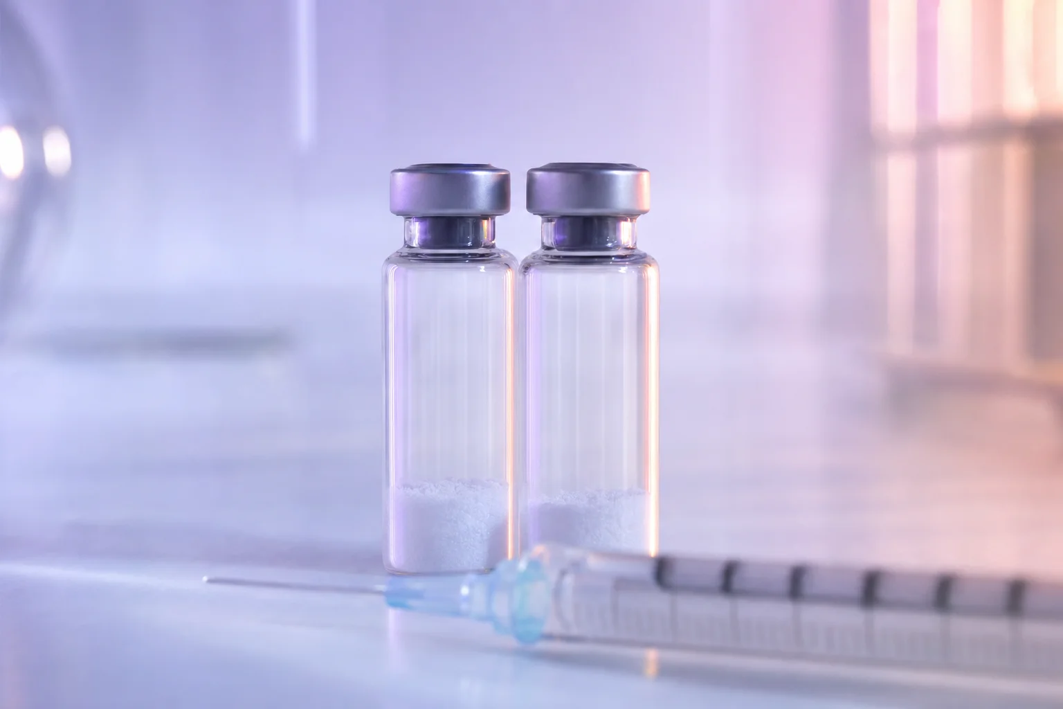 Two glass vials side by side on a near-white surface with cool lavender ambient light