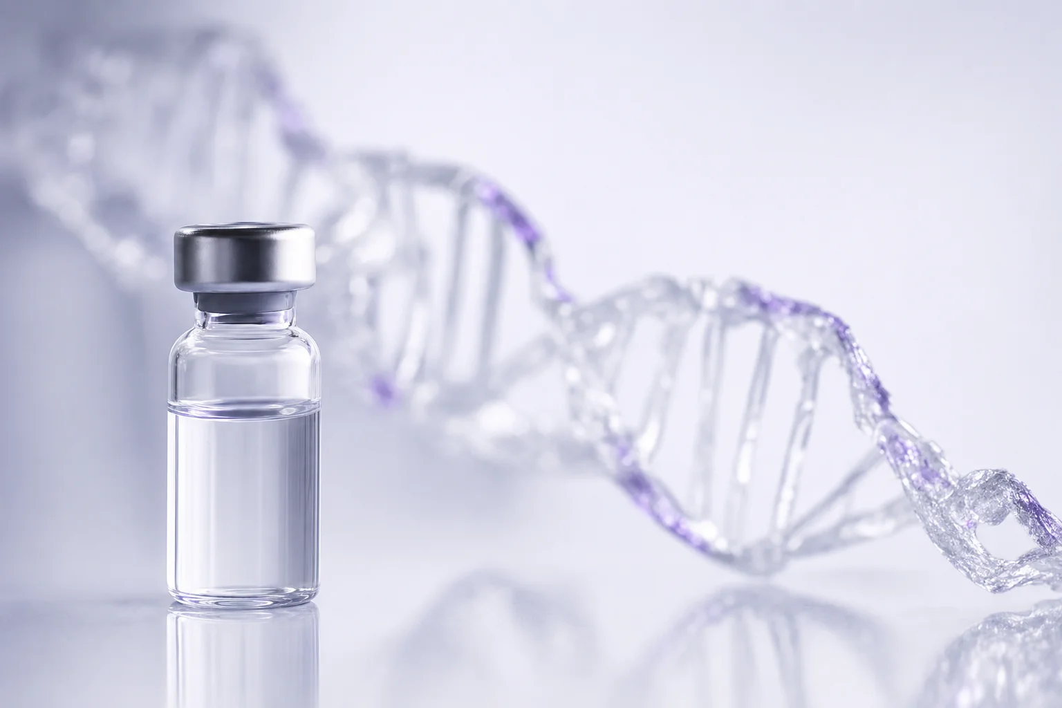 A glass vial beside a blurred DNA strand on a near-white surface with lavender and violet ambient light