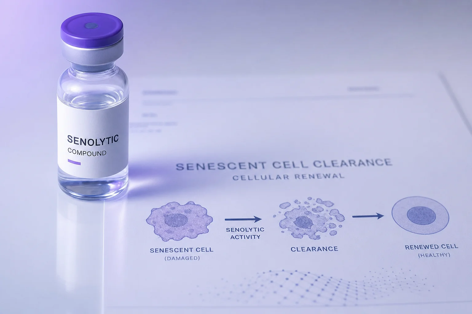 A glass vial beside a blurred cellular clearance diagram on a near-white surface with lavender and violet light