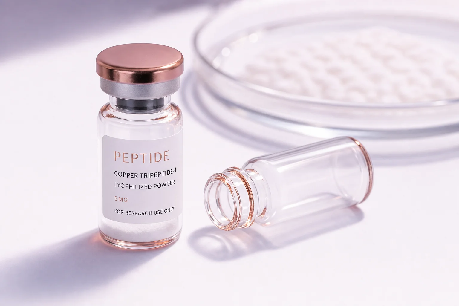 GHK-Cu research notes — glass peptide vial with copper-rose gleam on a clean near-white lab surface