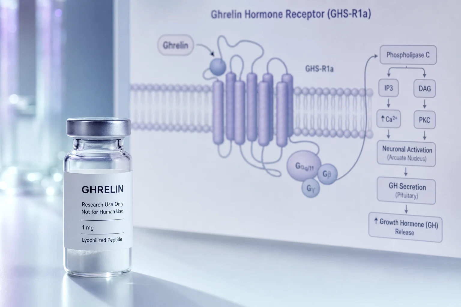 A glass vial beside a blurred ghrelin receptor diagram on a near-white surface with lavender and peach light