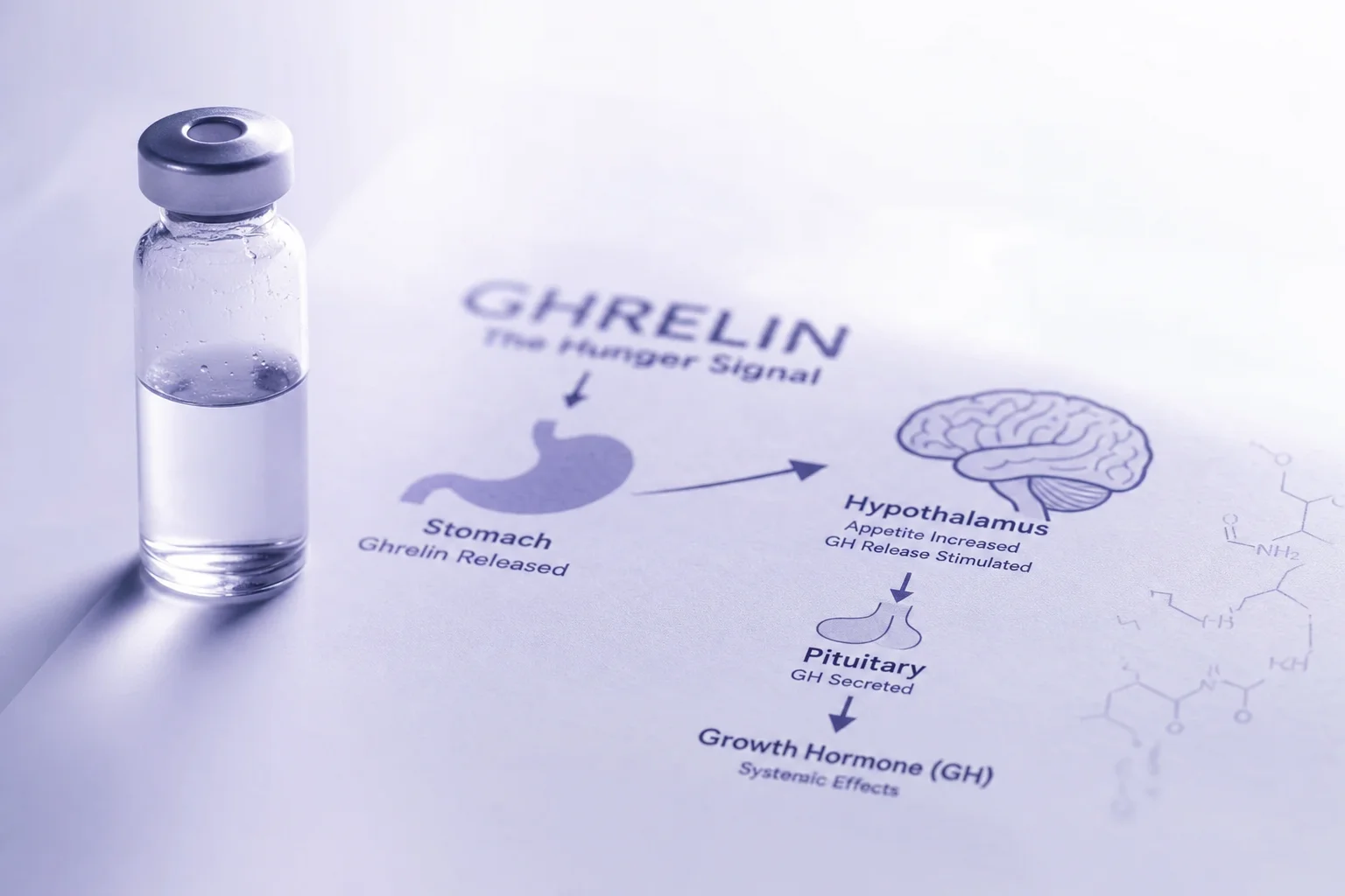 A glass vial beside a blurred appetite and GH signal diagram on a near-white surface with lavender light