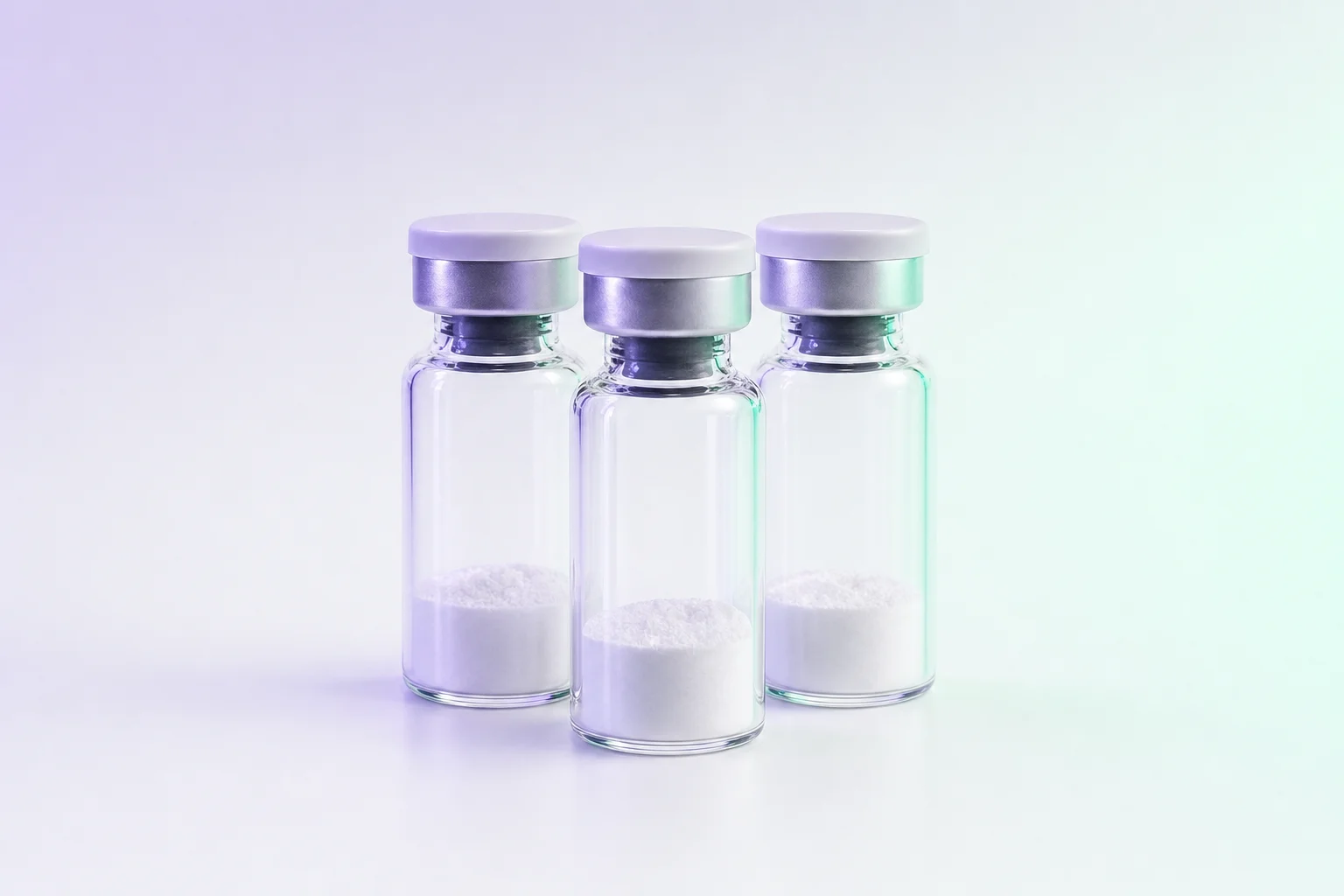 Three glass vials grouped together on a near-white surface with cool lavender light — suggesting a pre-formulated multi-peptide research blend