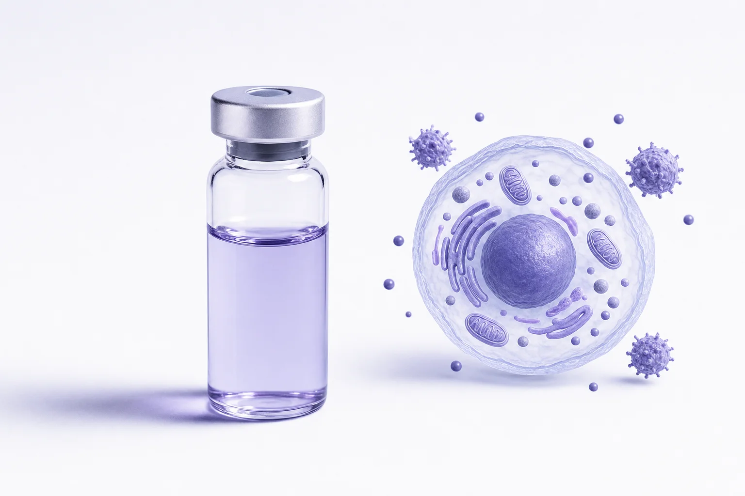 A glass vial beside an antioxidant cell diagram on a near-white surface with cool lavender light