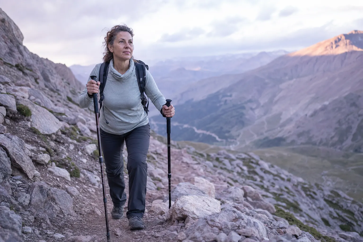 A woman in her fifties hiking briskly up a steep switchback trail with walking poles, strong stride, cool morning light