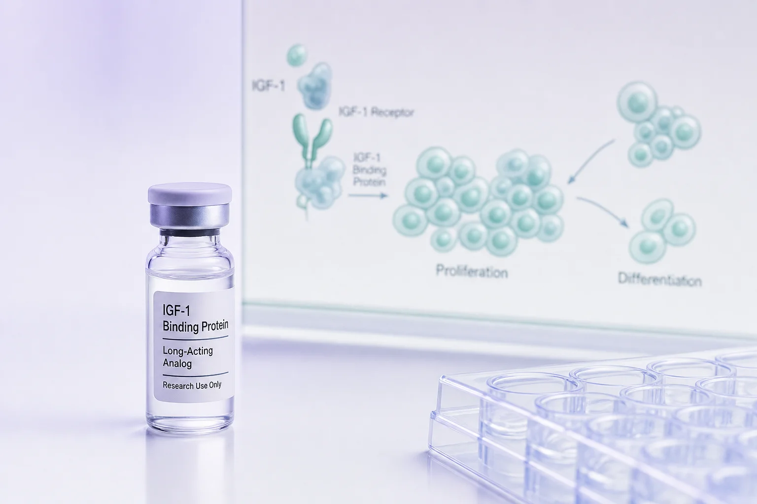 A glass vial beside a blurred cell growth diagram on a near-white surface with lavender and mint light