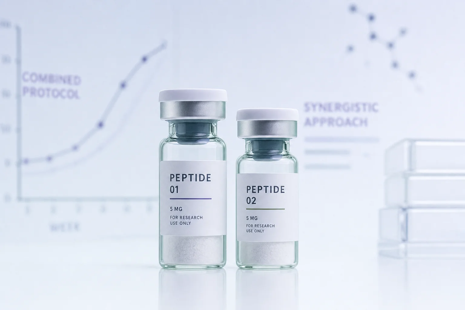 Two small glass peptide vials side by side on a near-white surface with lavender ambient light