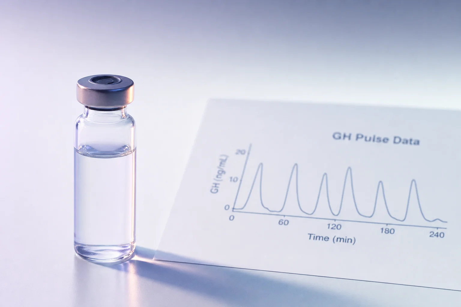 A glass vial beside blurred GH pulse data on a near-white surface with lavender and peach light