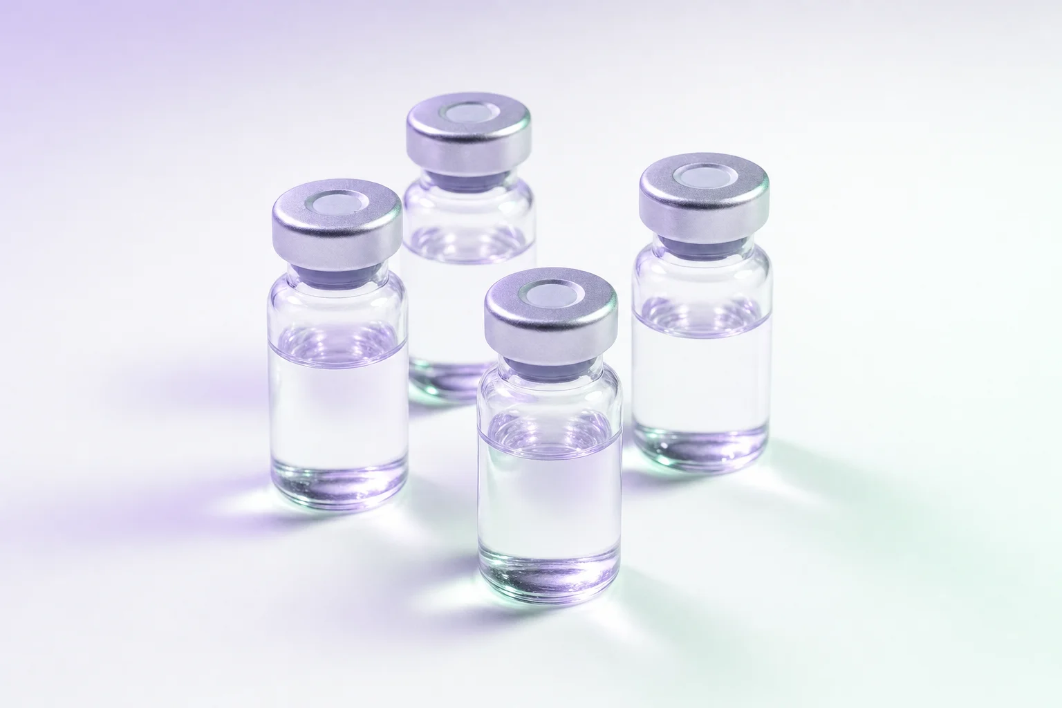 Four glass vials in a loose cluster on a near-white surface with cool lavender light — suggesting a four-compound research blend