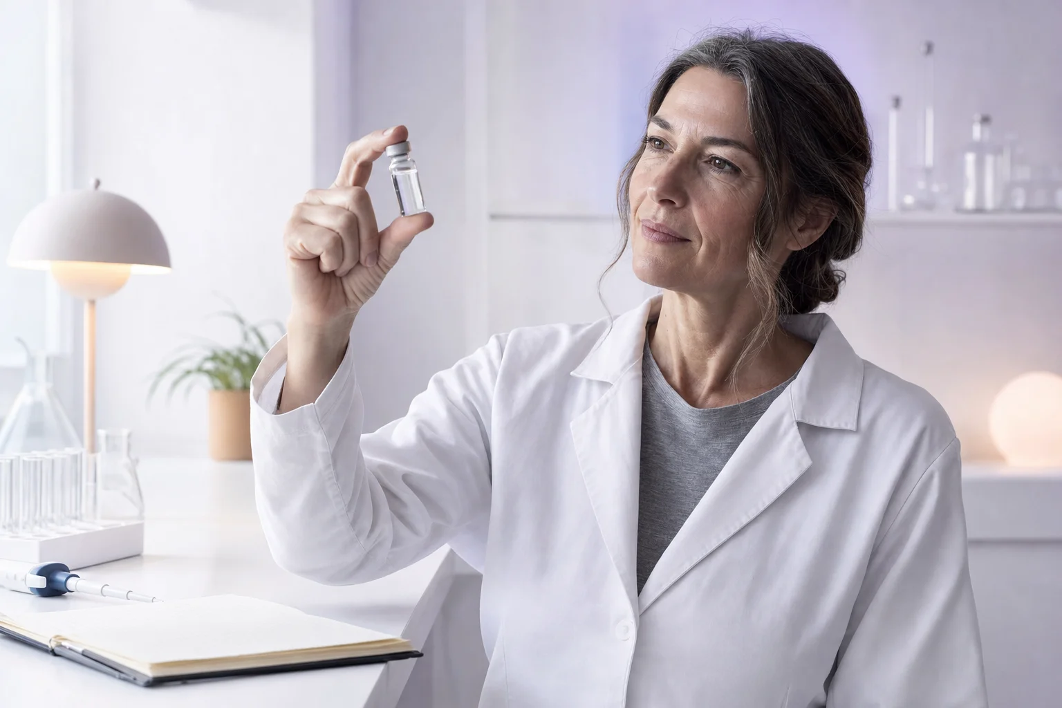 A woman in her late forties in a white lab coat studying a small glass peptide vial in soft lavender light
