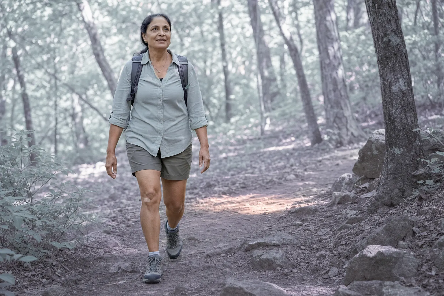 A South Asian woman in her fifties mid-stride on a wooded trail, a small bandage visible on one knee, sunlight through leaves