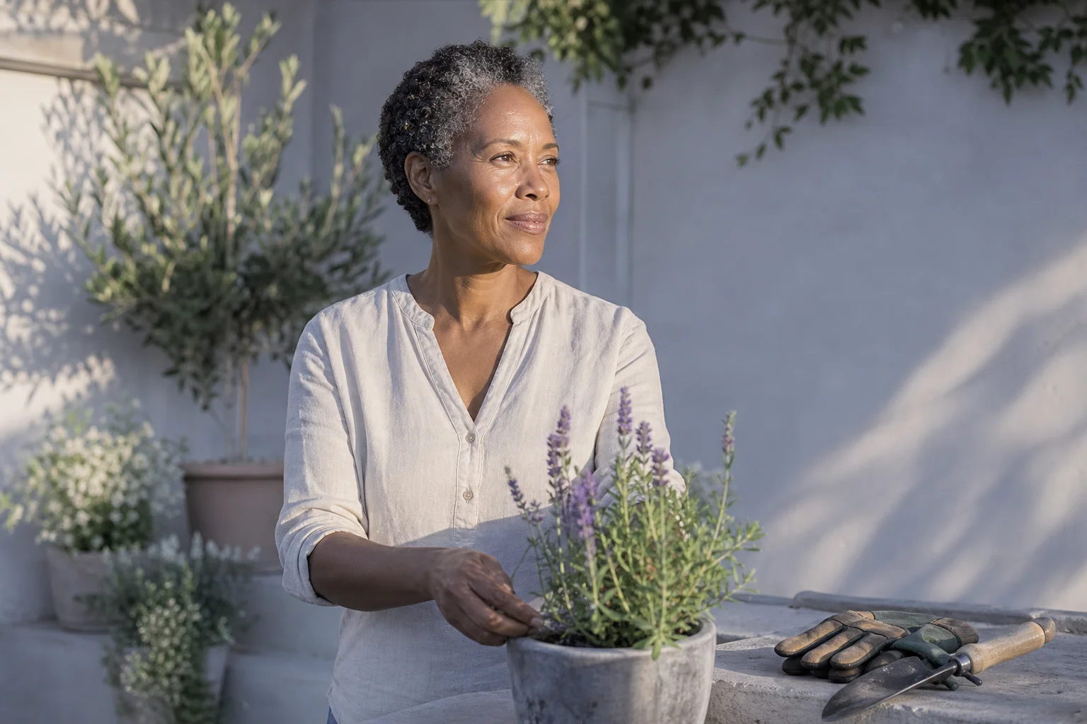 A woman in her fifties tending potted lavender in her garden in soft morning sunlight, comfortable and at ease in the light