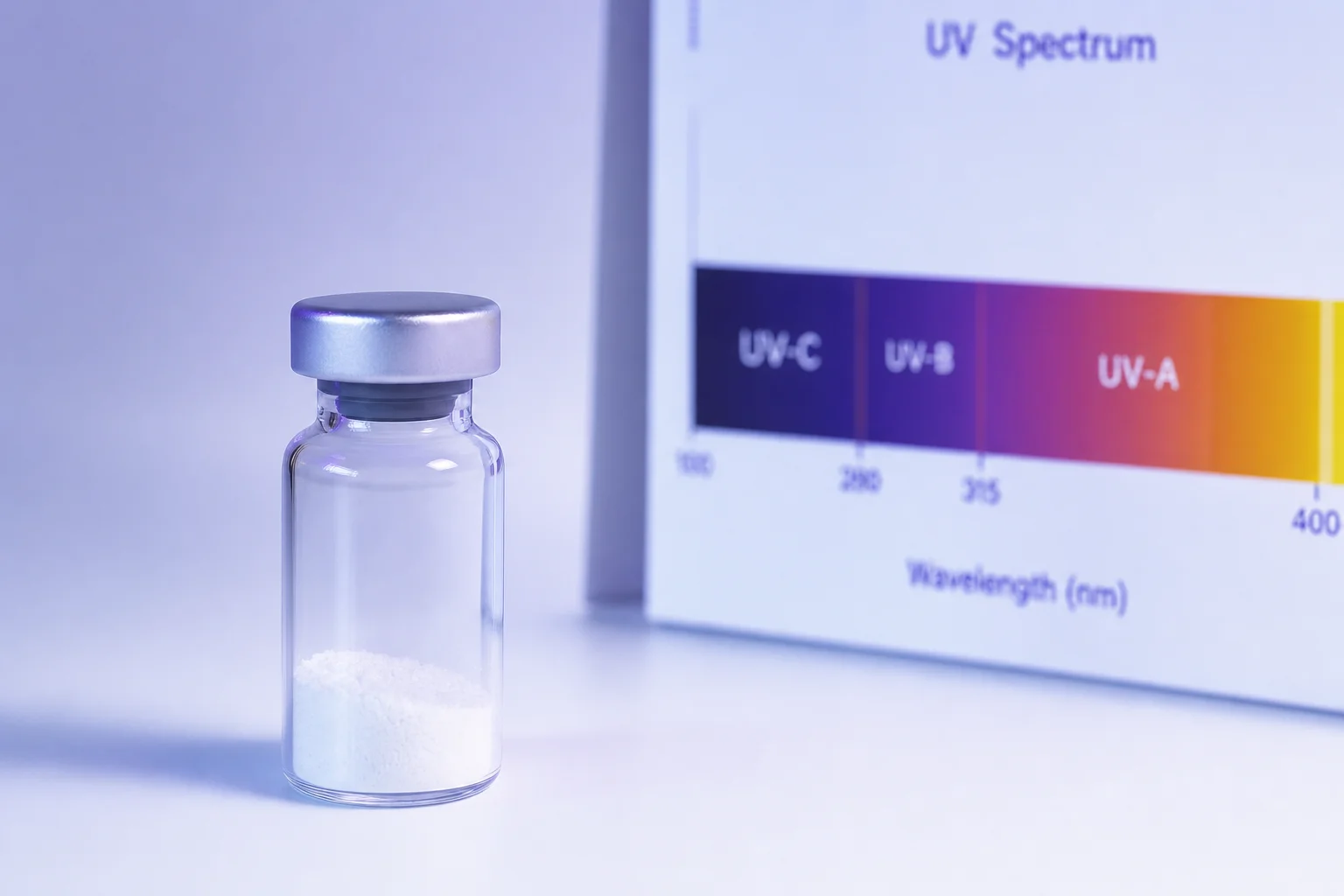 A glass vial beside a blurred UV spectrum chart on a near-white surface with lavender light