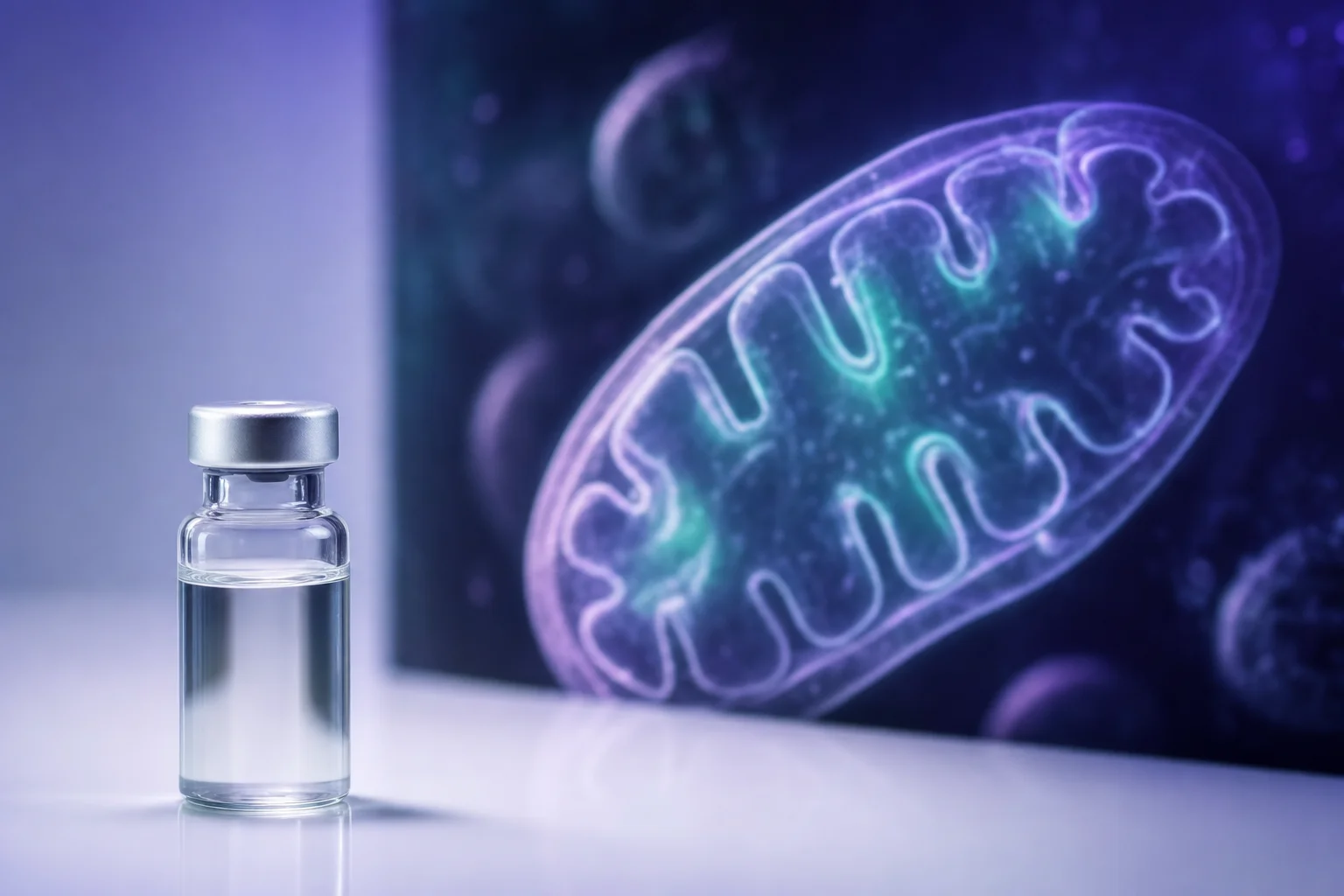 A glass vial on a near-white surface beside blurred mitochondria imagery with cool lavender and mint light