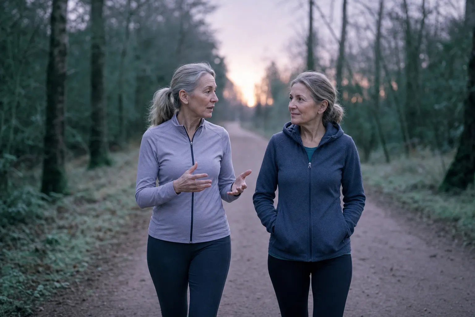 Two women in their fifties walking together on a quiet wooded path at dawn, one gesturing mid-conversation, calm focused energy