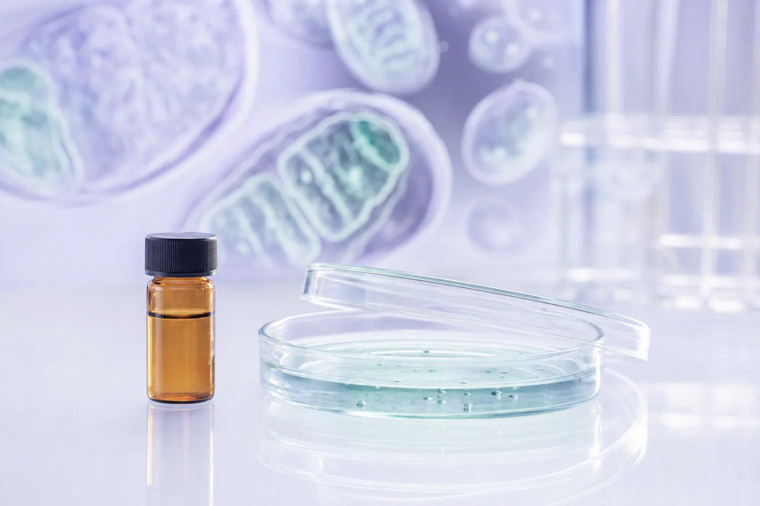 An amber glass vial beside an open petri dish on a near-white surface with cool lavender and mint ambient light