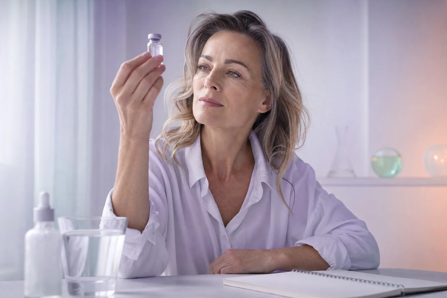 A woman in her early fifties holding a small glass vial up to soft cool lavender light at a near-white workspace