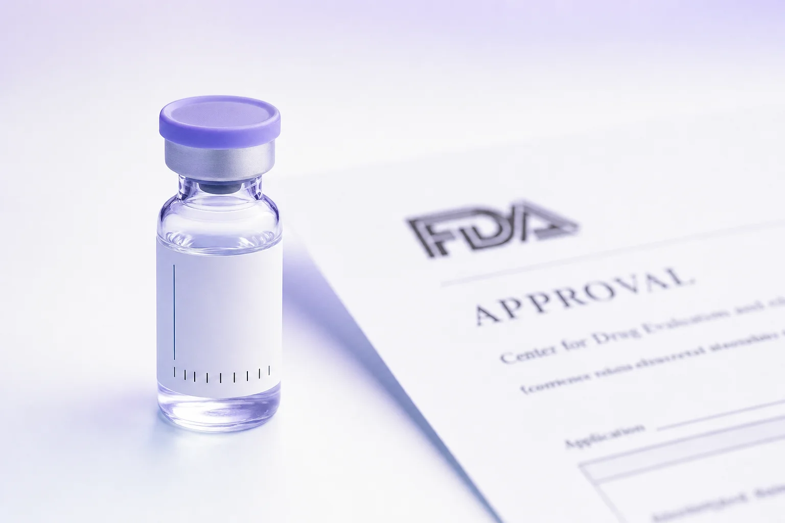 A glass vial beside a blurred FDA approval document on a near-white surface with lavender and peach light