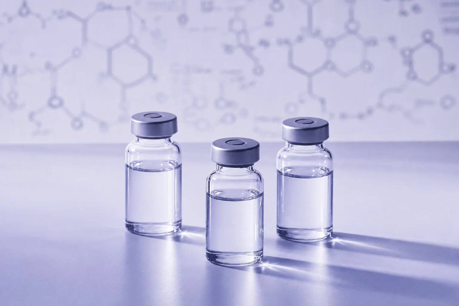 Three glass vials arranged in a triangle on a near-white surface with lavender ambient light and blurred molecular data