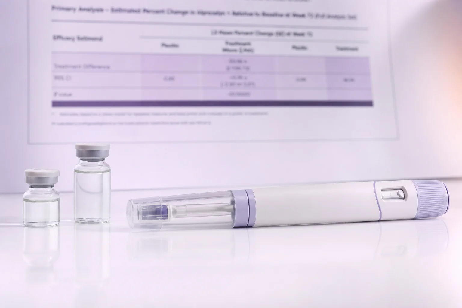 Semaglutide research notes — unmarked autoinjector pen and glass vials with blurred clinical trial data in background
