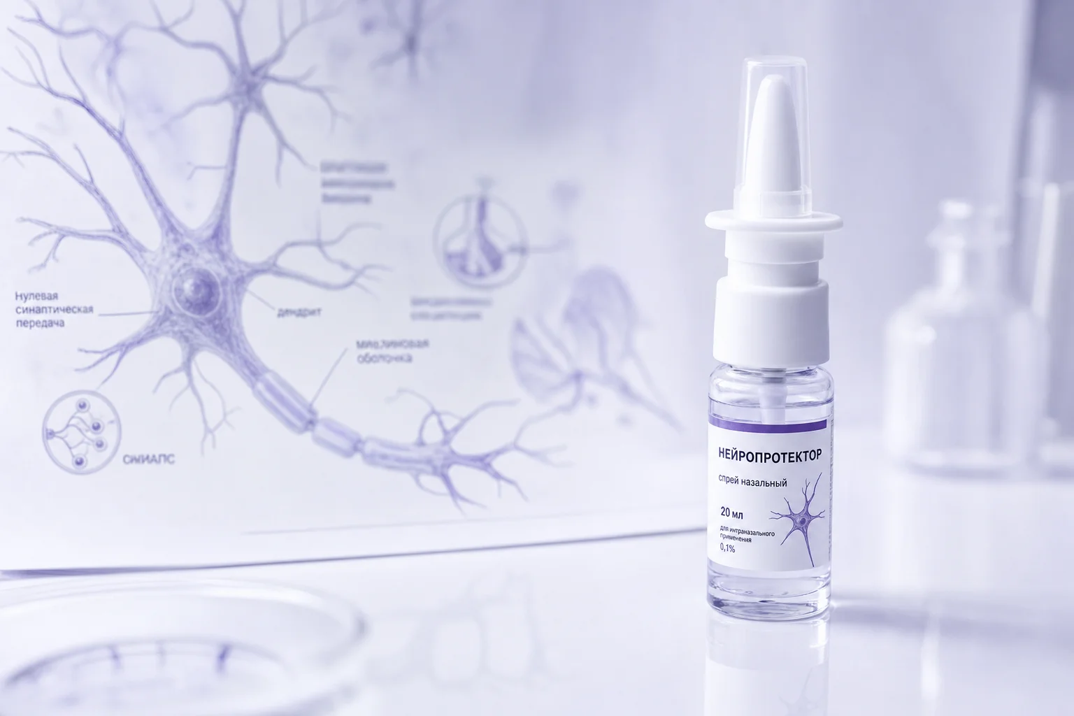 A glass nasal spray bottle beside a blurred neuron diagram on a near-white surface with lavender light
