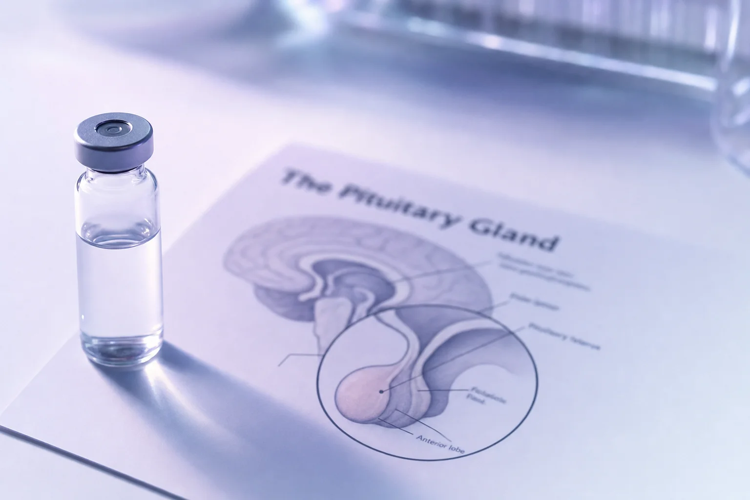 A glass vial beside a blurred pituitary anatomy diagram on a near-white surface with lavender light