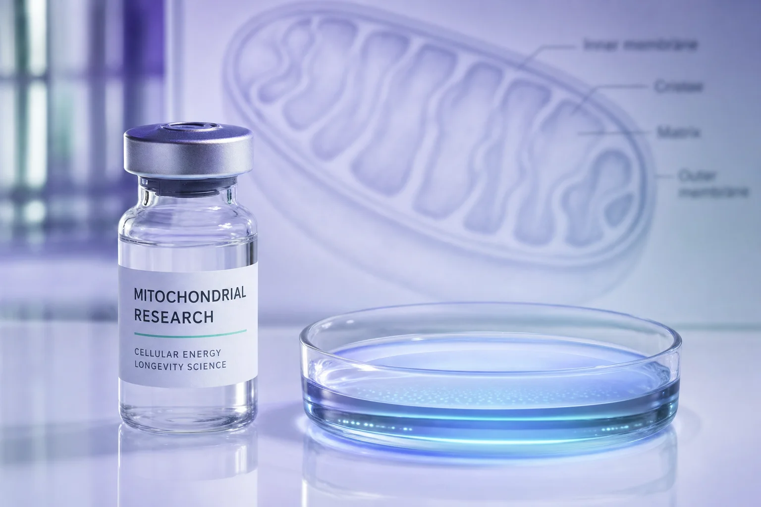 A glass vial beside a glowing petri dish on a near-white surface — evoking mitochondrial energy research