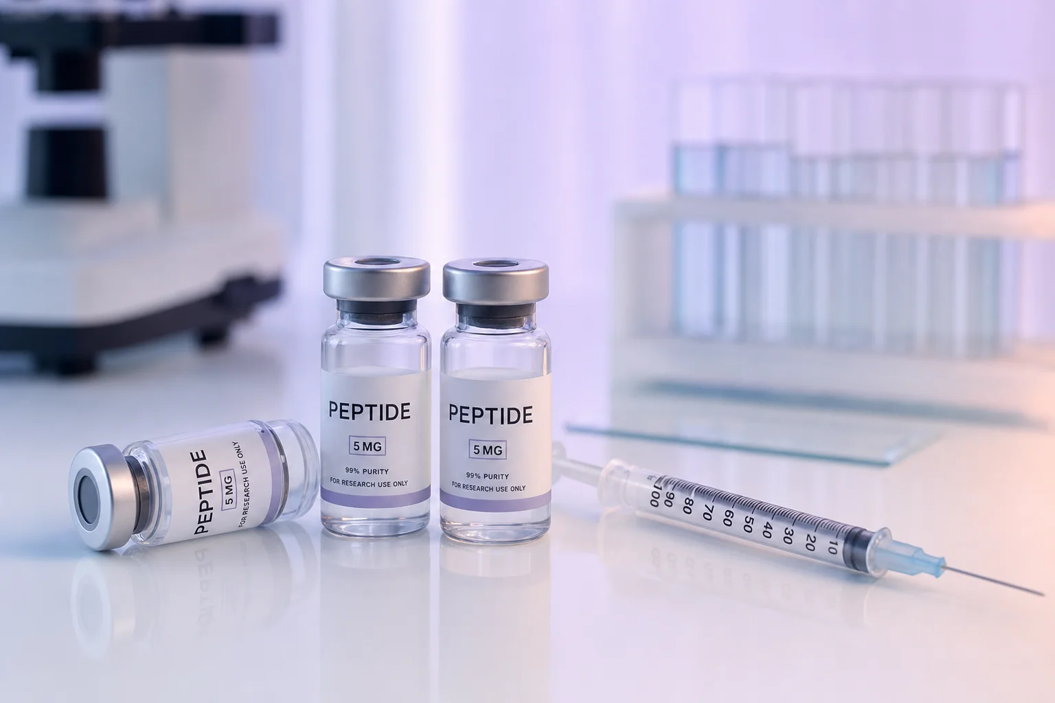 TB-500 research notes — glass vials and syringe on a clinical lab benchtop with cool lavender light