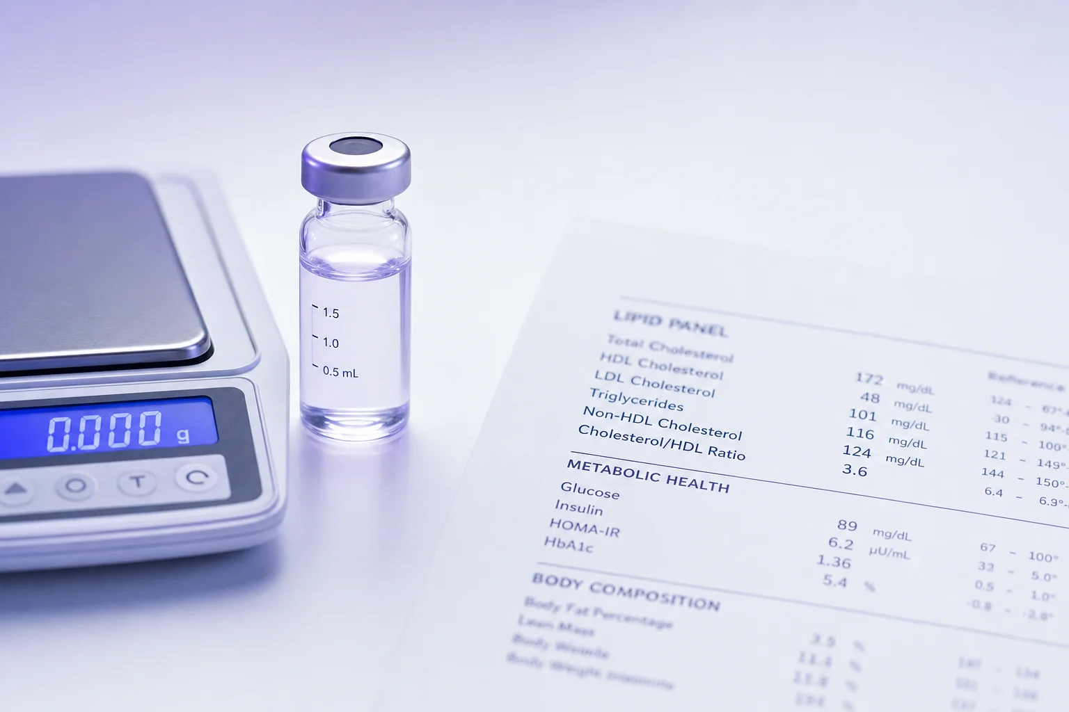 A glass vial beside a blurred lipid panel printout and small scale on a near-white surface with lavender light