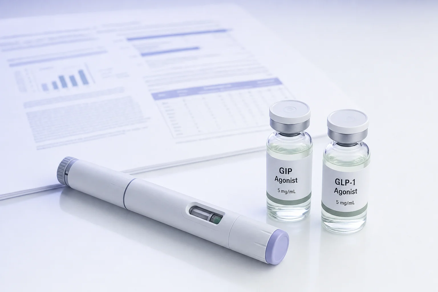 A clinical autoinjector pen and two small glass vials on a near-white surface with blurred trial data in the background
