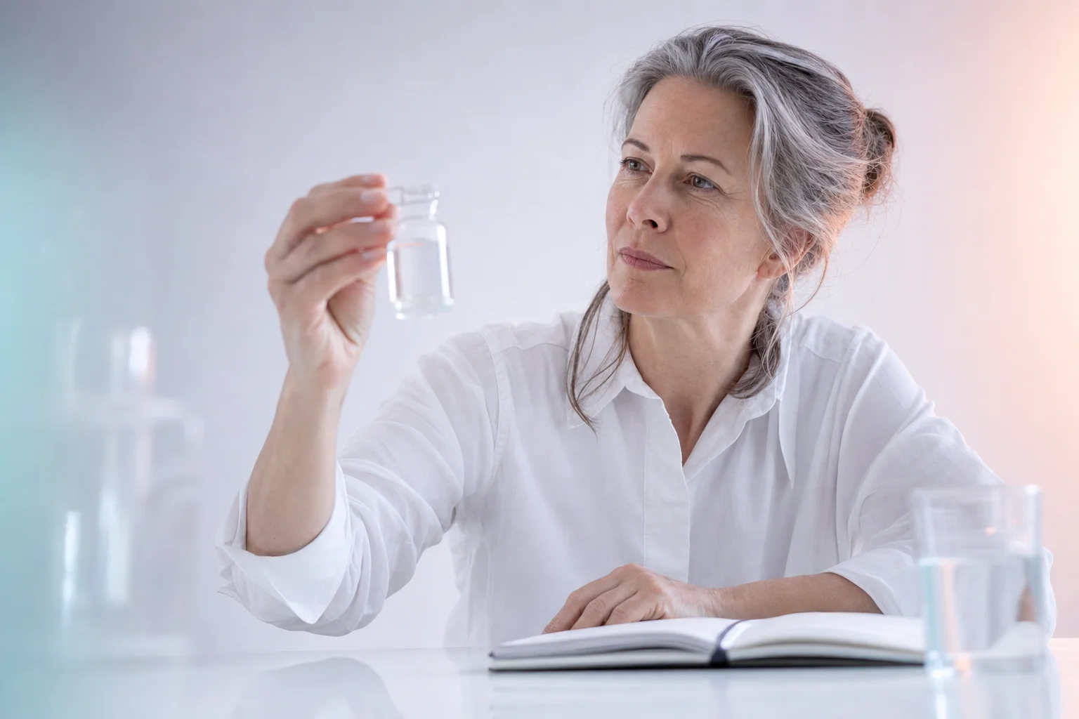 A woman in her fifties holding a small glass vial up to the light at a clean near-white workspace, an open notebook and a glass of water in front of her