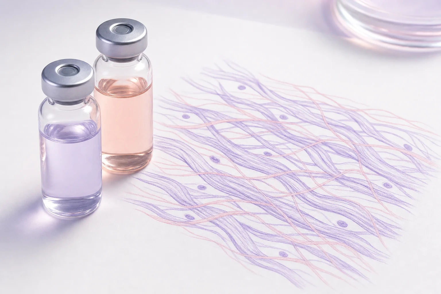 Two glass vials beside a hand-drawn connective tissue fiber diagram on a near-white surface with cool lavender light