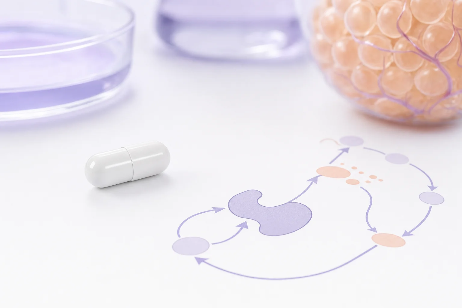 A small capsule beside a metabolic enzyme pathway diagram on a near-white surface with cool lavender light