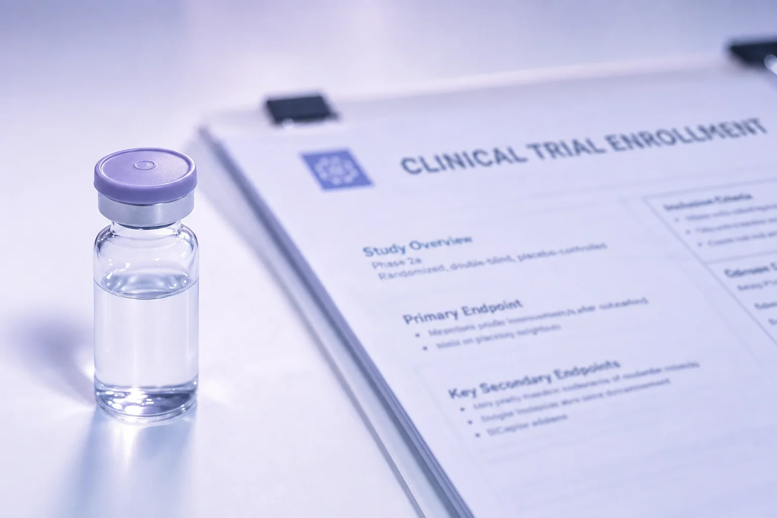 A glass vial beside a blurred clinical trial document on a near-white surface with lavender light