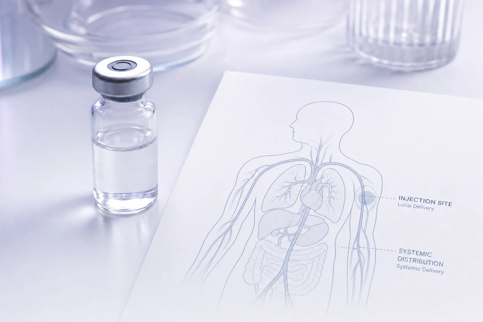 A glass vial beside a simple anatomical diagram on a near-white surface with lavender light