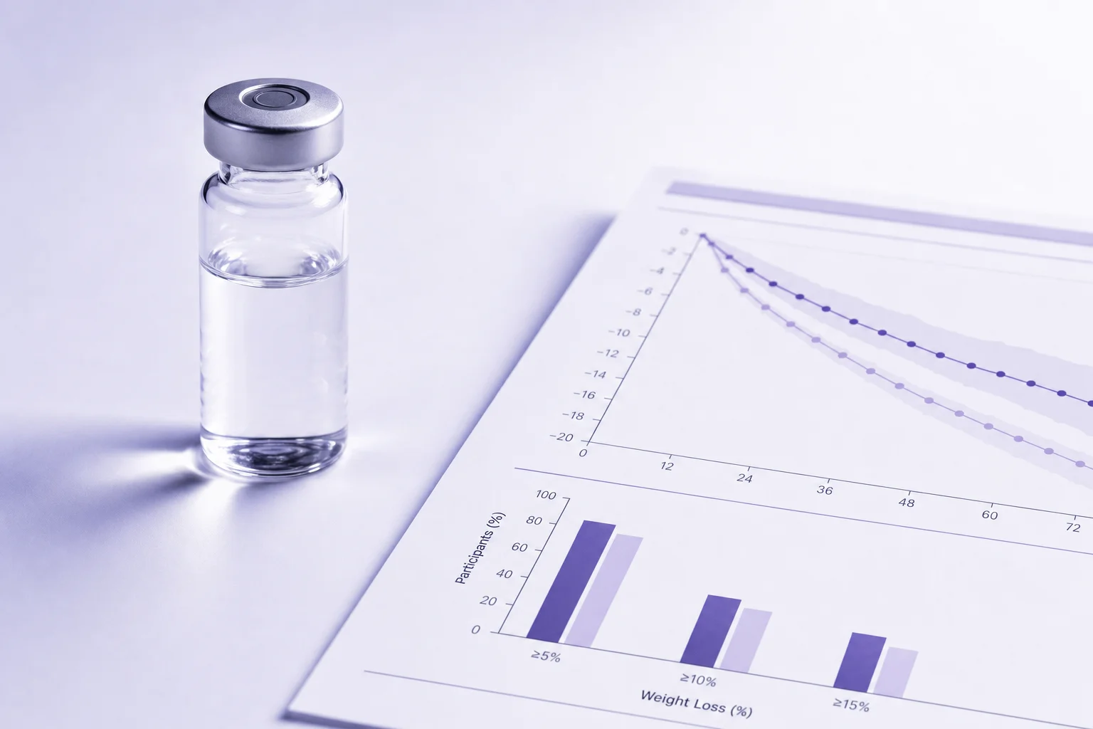 A glass vial beside a weight-loss trial data printout on a near-white surface with cool lavender light