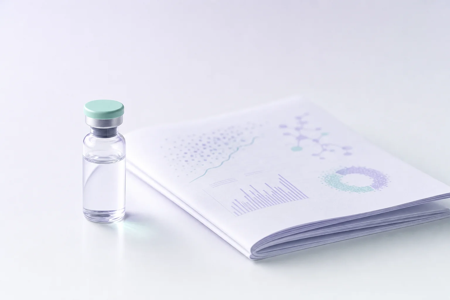 A small glass vial beside a folded research document on a near-white surface with cool lavender and mint light