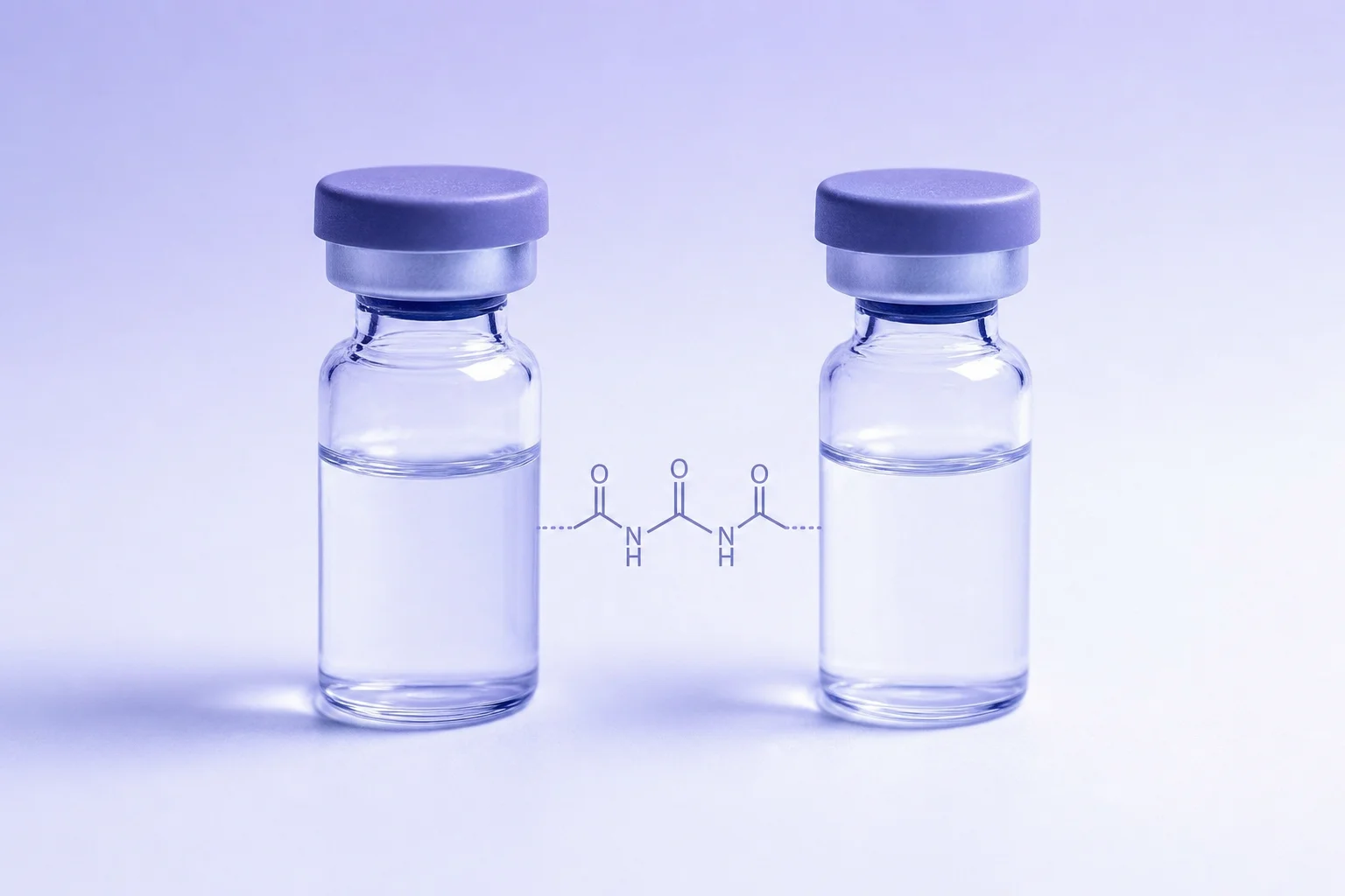 Two glass vials with a connector element between them on a near-white surface with lavender light
