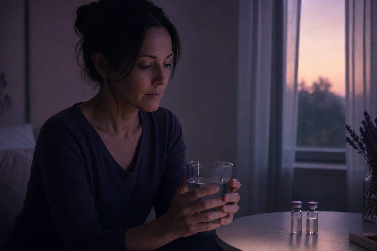 Two glass vials on a near-white surface with cool lavender ambient light suggesting a research peptide pair
