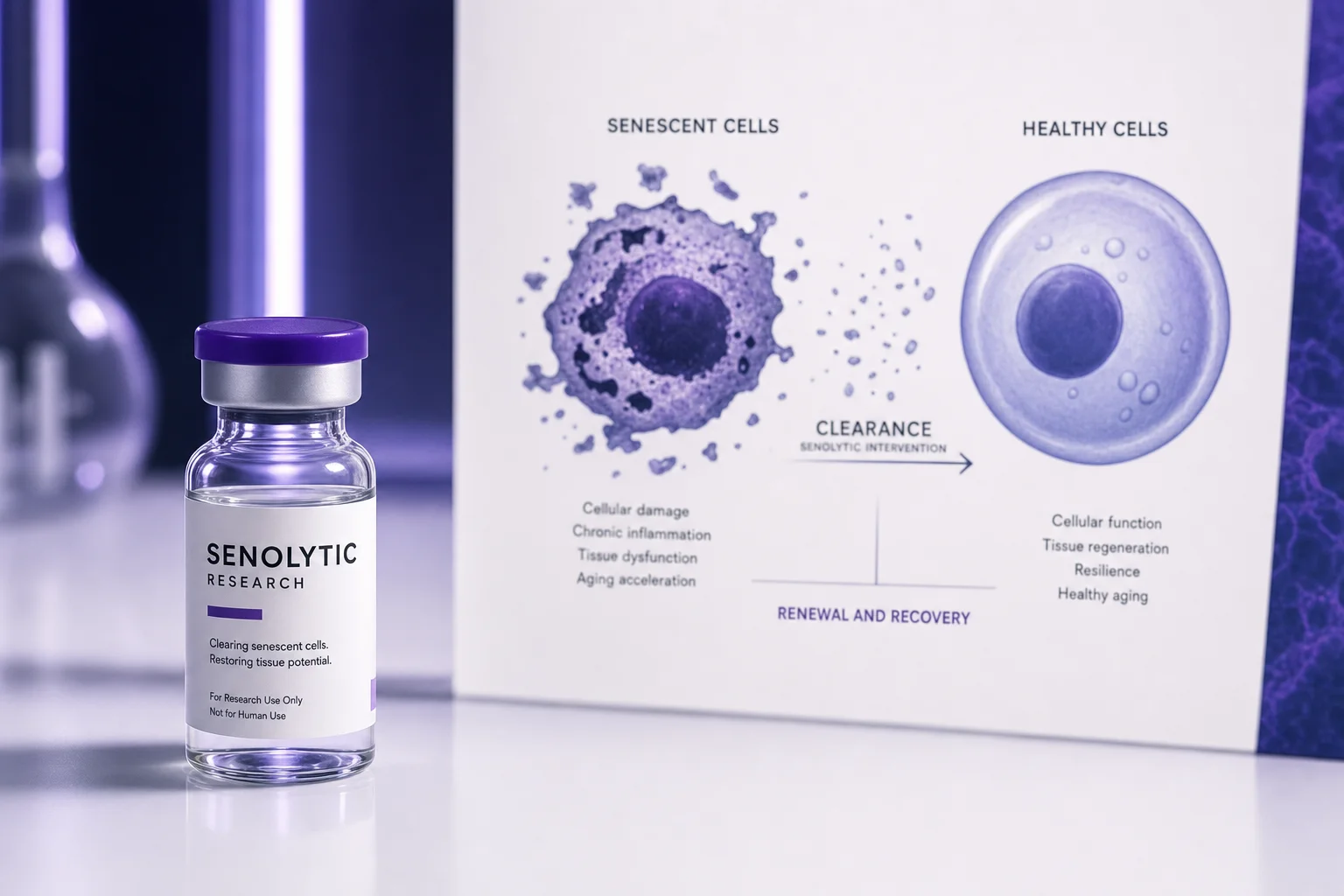 A glass vial beside a blurred diagram of senescent cells being cleared on a near-white surface with violet light