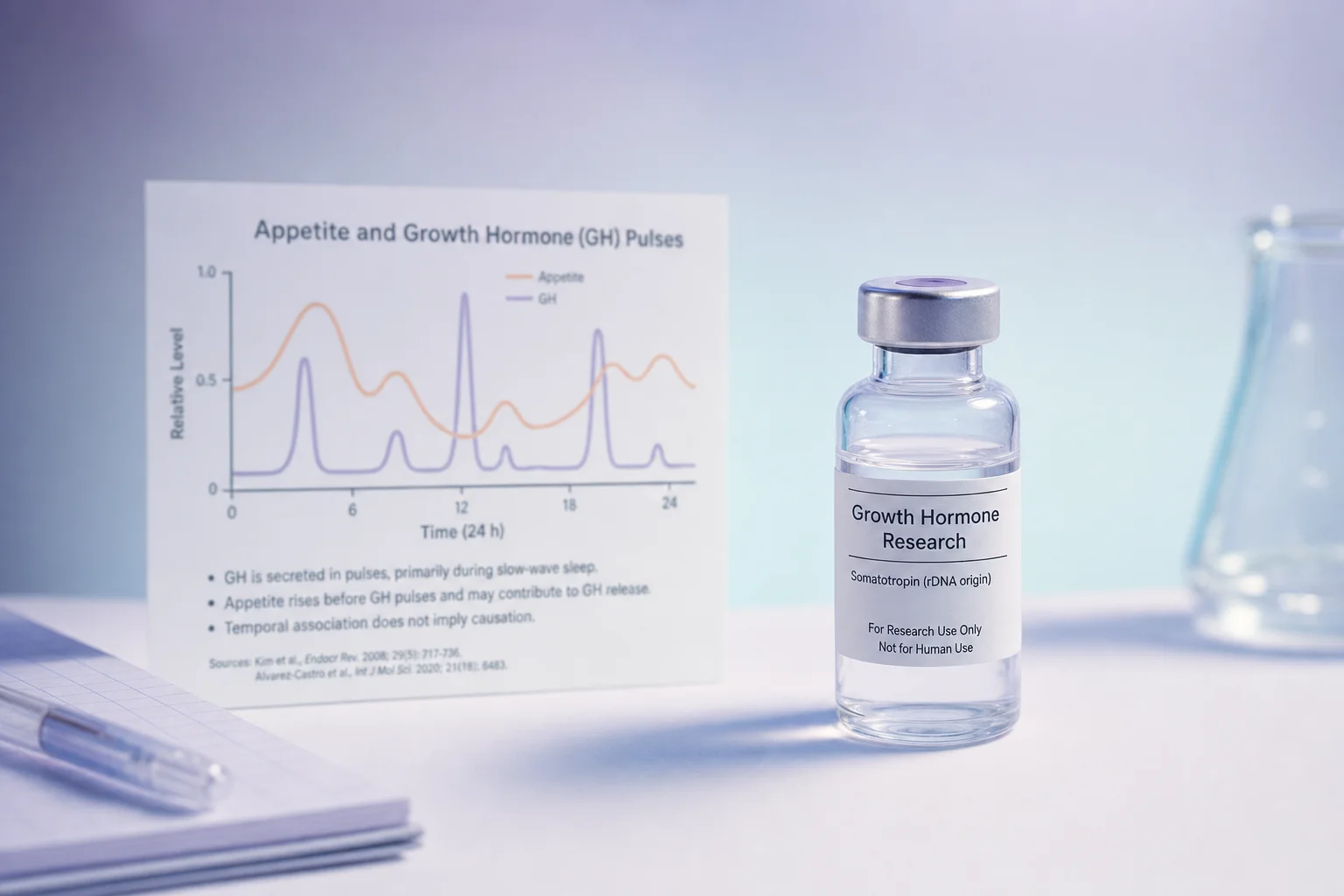A glass vial beside a blurred appetite and GH pulse diagram on a near-white surface with lavender and peach light