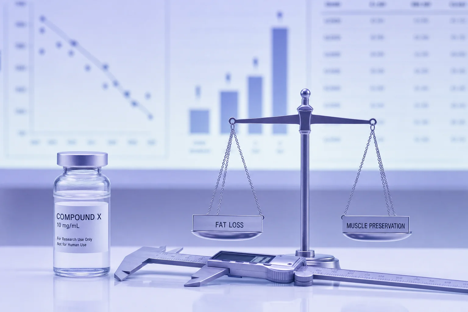 A glass vial beside a small balance scale on a near-white surface — suggesting the tradeoff between fat and muscle