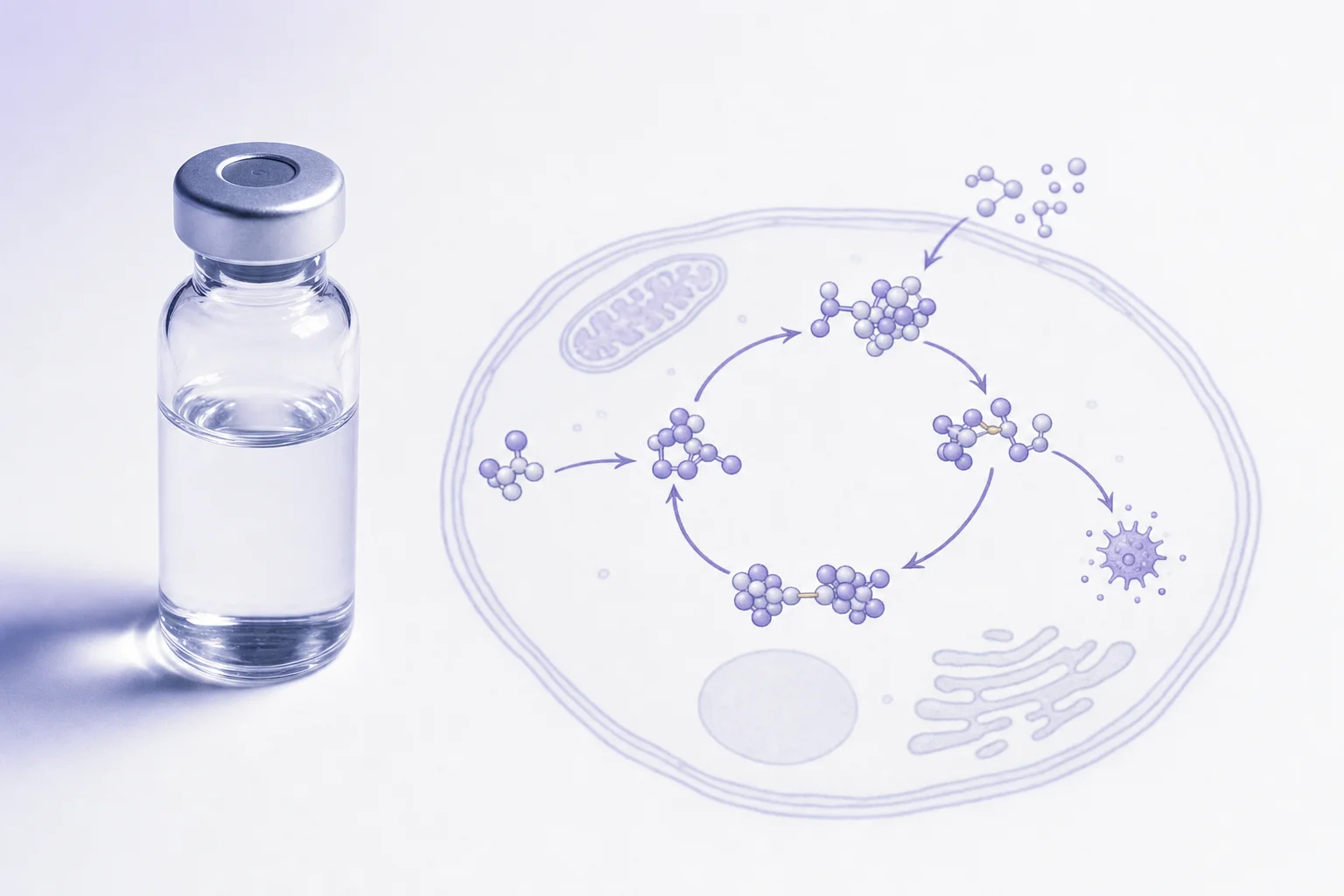 A glass vial beside a cellular antioxidant pathway sketch on a near-white surface with cool lavender light