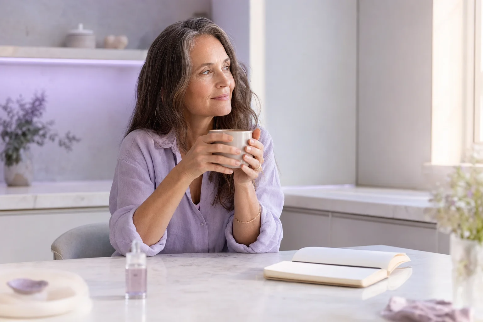 A woman in her early fifties holding a cup of tea at a bright kitchen table in soft lavender morning light