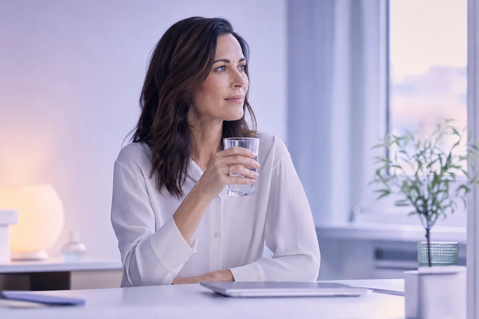 A woman in her forties at a bright desk in morning light, composed and focused, with cool lavender ambient tones